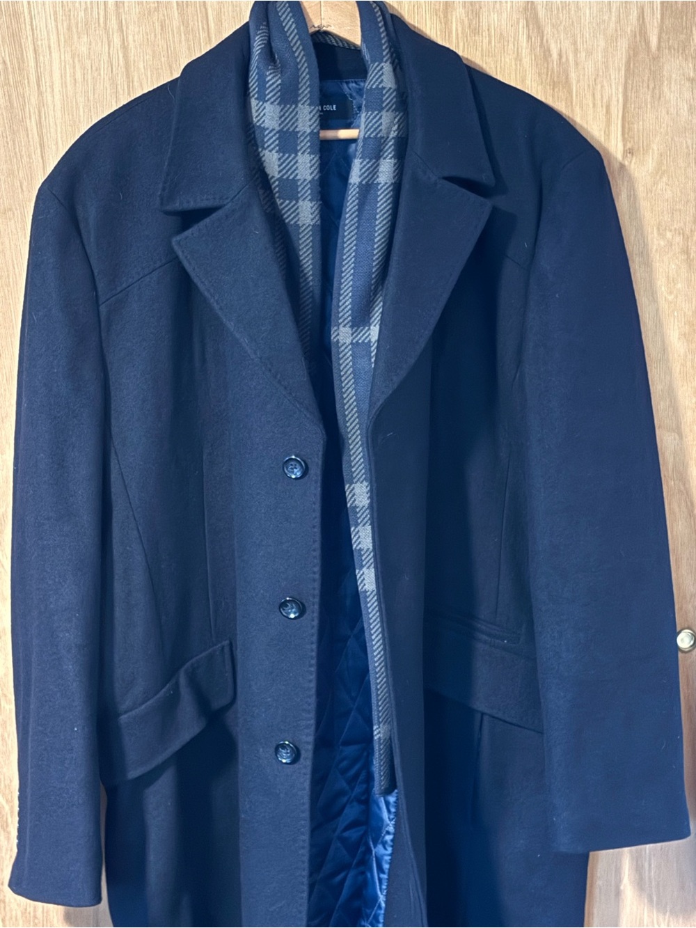 Kenneth Cole Navy Wool Pea Coat with Plaid Trim